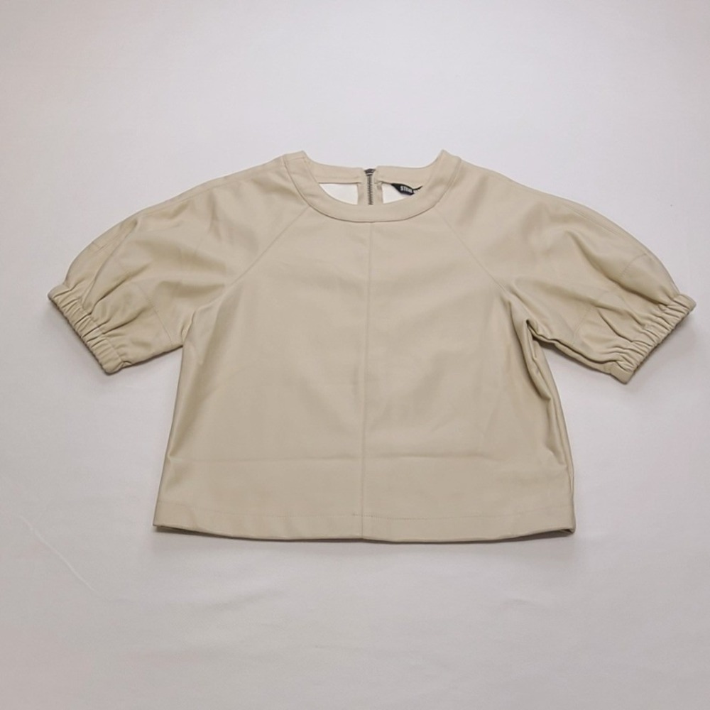 Steve Madden Cream Faux Leather Puff Sleeve Top Back Zip Cutout Beige XS NEW